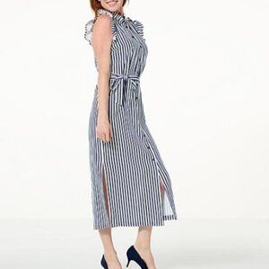 G By Giuliana 2XP Pink White Stripe Ruffle Neck Tie Waist Duster Shirt Dress